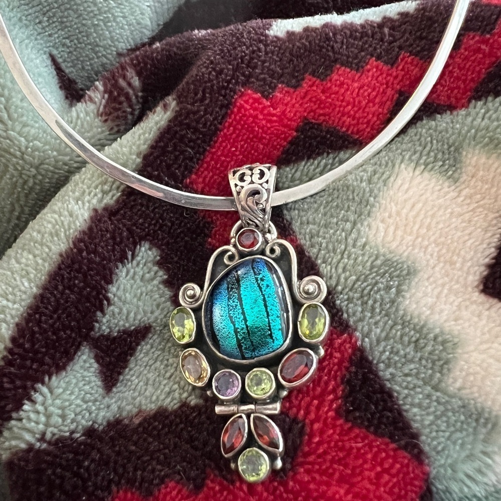 ❤️ Native Artisan Handmade Dichroic Glass & Gemstone Pendant 925 Sterling - Picture 8 of 12